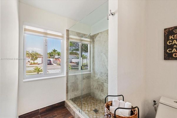 Bathroom, Glass Shower, Interior, Wood Texture Flooring