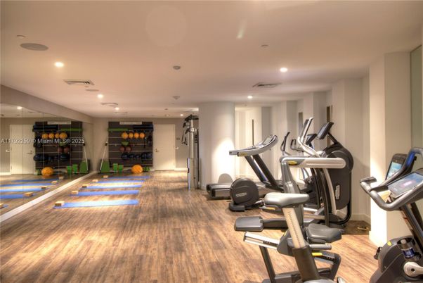 Fitness Equipment, Gym, Interior, Recessed Lighting, Wood Texture Flooring