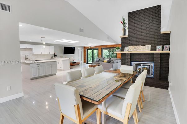 Dining room, Fireplace, Interior, Kitchen, Living room, Pendant Lights, Recessed Lighting, Stone Walls