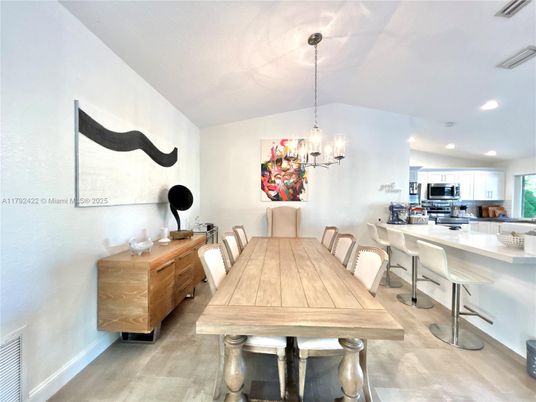 Chandelier, Dining room, Interior, Kitchen, Pendant Lights, Recessed Lighting, Stainless Steel Appliances