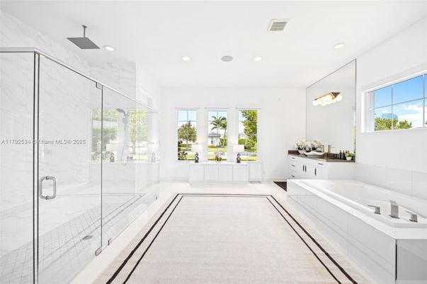 Bathroom, Glass Shower, Interior, Marble Walls, Recessed Lighting
