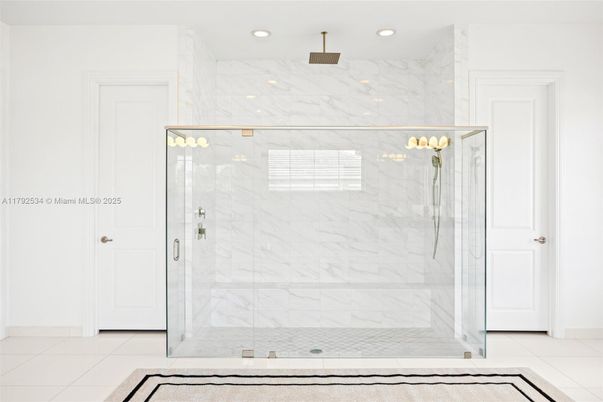 Bathroom, Glass Shower, Interior, Marble Walls, Recessed Lighting