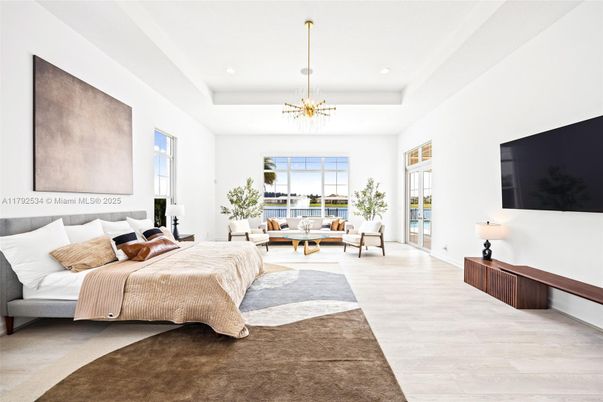 Bedroom, Chandelier, Interior, Recessed Lighting, Wood Texture Flooring