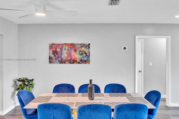 Dining room, Interior, Recessed Lighting, Wood Texture Flooring