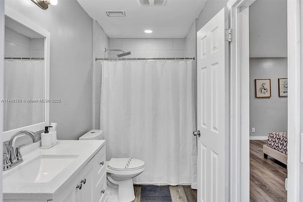 Bathroom, Interior, Recessed Lighting, Wood Texture Flooring