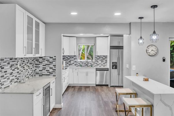 Interior, Kitchen, Pendant Lights, Recessed Lighting, Stainless Steel Appliances, Wood Texture Flooring