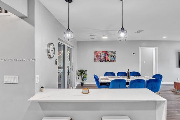 Dining room, Interior, Pendant Lights, Recessed Lighting, Wood Texture Flooring