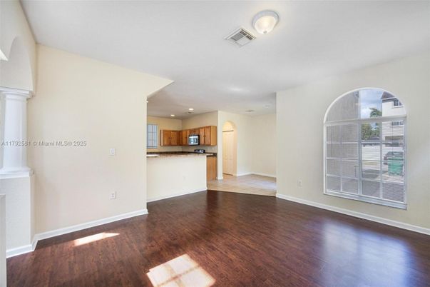 Empty room, Interior, Kitchen, Recessed Lighting, Wood Texture Flooring