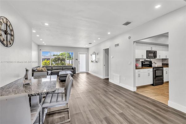 Interior, Kitchen, Living room, Recessed Lighting, Stainless Steel Appliances, Wood Texture Flooring