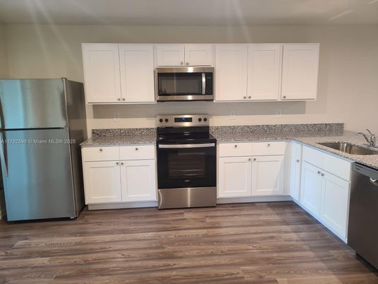 Interior, Kitchen, Stainless Steel Appliances, Wood Texture Flooring