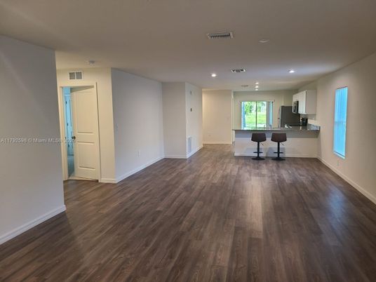 Empty room, Interior, Kitchen, Recessed Lighting, Wood Texture Flooring