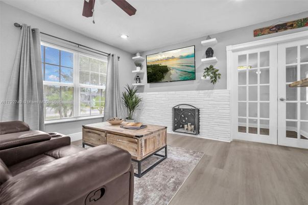 Fireplace, Interior, Living room, Recessed Lighting, Wood Texture Flooring