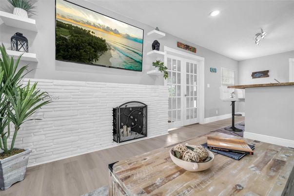 Fireplace, Interior, Recessed Lighting, Stone Walls, Wood Texture Flooring
