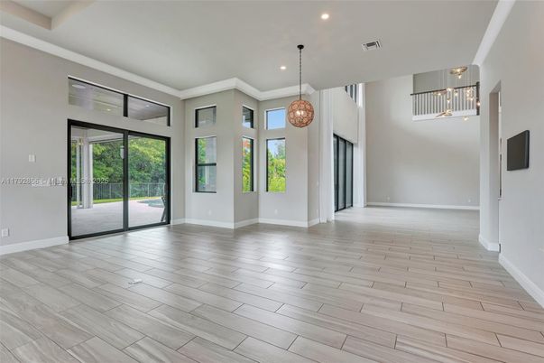 Empty room, Interior, Pendant Lights, Recessed Lighting, Wood Texture Flooring