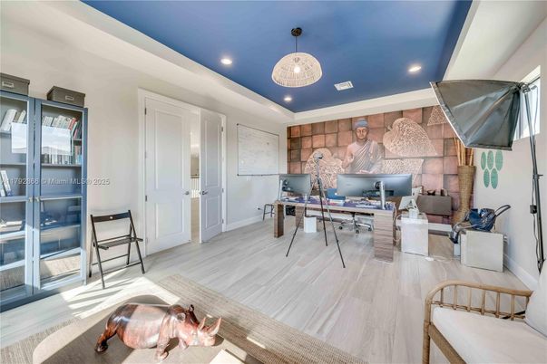 Home Office, Interior, Pendant Lights, Recessed Lighting, Wood Texture Flooring