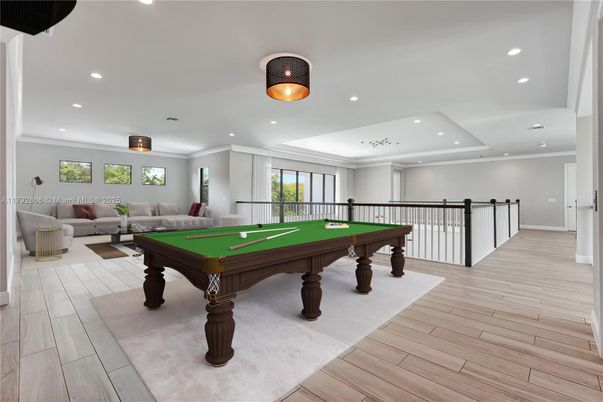 Billiard Table, Game Room, Interior, Living room, Recessed Lighting, Wood Texture Flooring