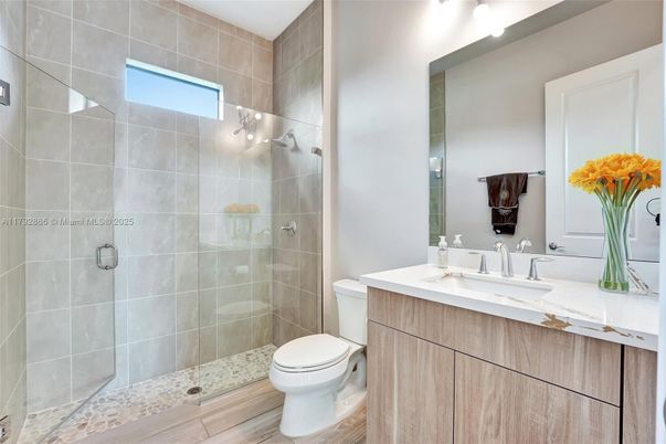 Bathroom, Glass Shower, Interior, Wood Texture Flooring