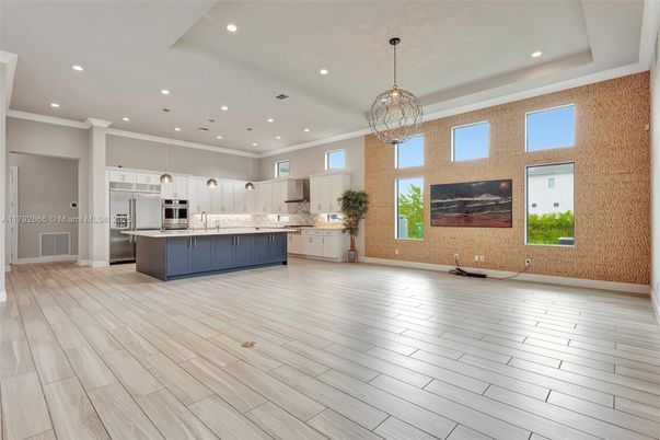 Interior, Kitchen, Pendant Lights, Recessed Lighting, Stainless Steel Appliances, Wood Texture Flooring
