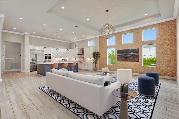 Interior, Kitchen, Living room, Pendant Lights, Recessed Lighting, Stainless Steel Appliances, Wood Texture Flooring