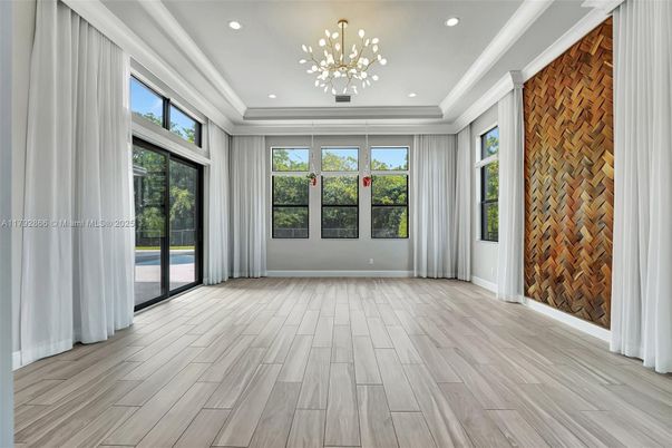 Empty room, Interior, Pendant Lights, Recessed Lighting, Stone Walls, Wood Texture Flooring