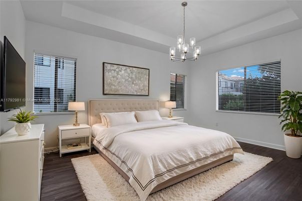 Bedroom, Interior, Pendant Lights, Wood Texture Flooring