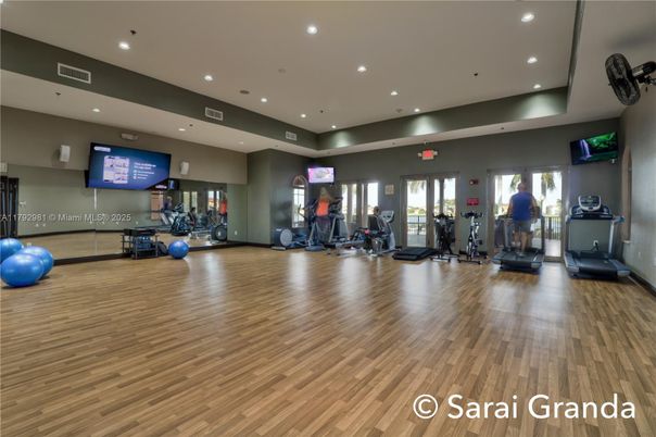 Fitness Equipment, Gym, Interior, Recessed Lighting, Wood Texture Flooring
