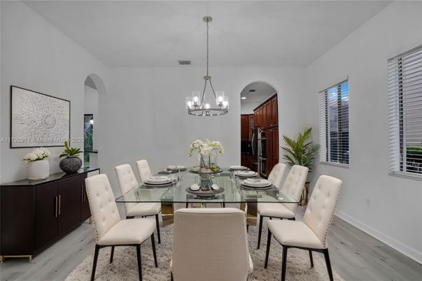 Chandelier, Dining room, Interior, Pendant Lights, Wood Texture Flooring