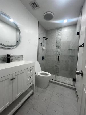 Bathroom, Glass Shower, Interior, Marble, Marble Walls, Recessed Lighting
