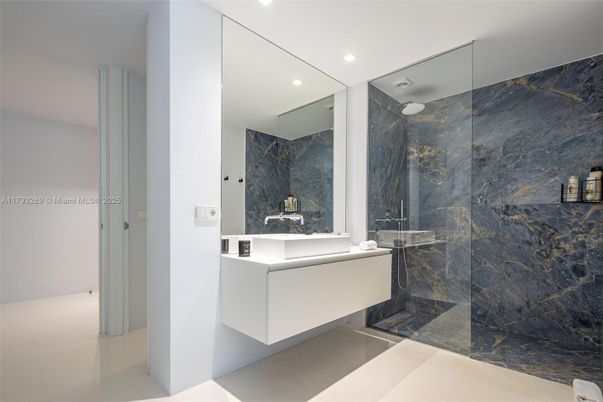 Bathroom, Glass Shower, Interior, Marble Walls, Recessed Lighting