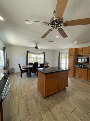 Dining room, Interior, Kitchen, Recessed Lighting, Wood Texture Flooring