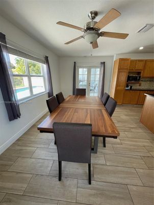 Dining room, Interior, Kitchen, Recessed Lighting, Wood Texture Flooring