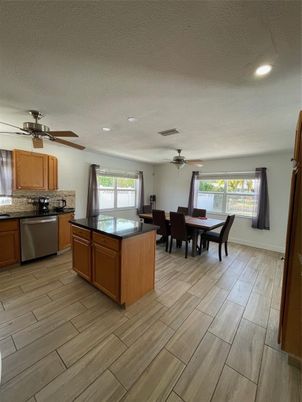 Dining room, Interior, Kitchen, Recessed Lighting, Wood Texture Flooring