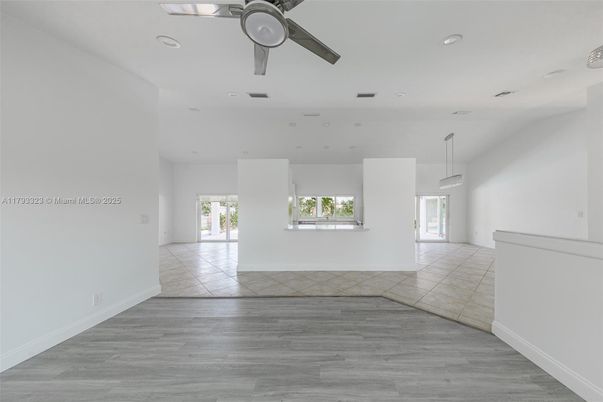 Empty room, Interior, Pendant Lights, Recessed Lighting, Wood Texture Flooring