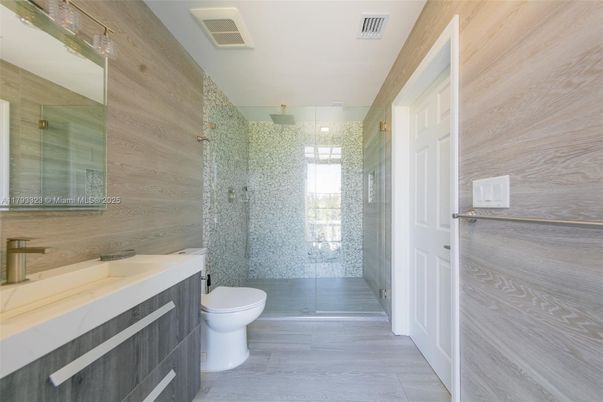 Bathroom, Glass Shower, Interior, Wood Texture Flooring