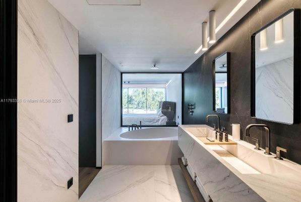 Bathroom, Dual Sink Vanities, Free Standing Baths, Interior, Marble, Marble Walls
