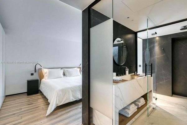 Bathroom, Bedroom, Glass Shower, Interior, Marble Walls, Wood Texture Flooring