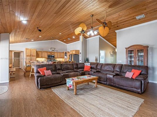 Interior, Kitchen, Living room, Pendant Lights, Recessed Lighting, Wooden Ceilings, Wood Texture Flooring