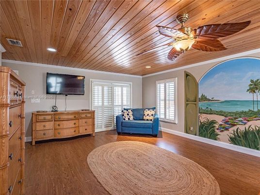 Interior, Living room, Recessed Lighting, Water, Wooden Ceilings, Wood Texture Flooring