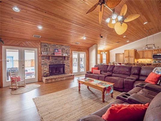 Fireplace, Interior, Kitchen, Living room, Recessed Lighting, Stone Walls, Wooden Ceilings, Wood Texture Flooring