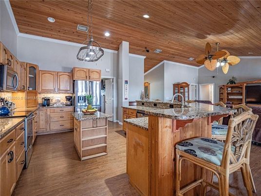 Interior, Kitchen, Pendant Lights, Recessed Lighting, Stainless Steel Appliances, Wooden Ceilings, Wood Texture Flooring
