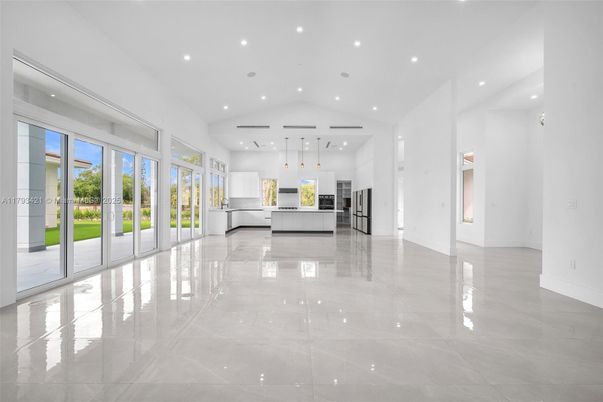 Empty room, Interior, Kitchen, Pendant Lights, Recessed Lighting, Stainless Steel Appliances