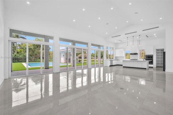 Empty room, Interior, Kitchen, Pendant Lights, Recessed Lighting, Stainless Steel Appliances