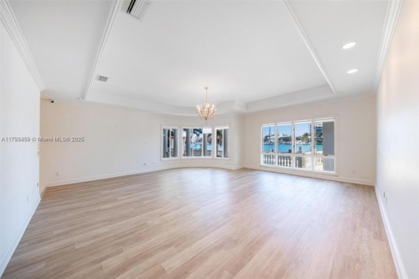 Chandelier, Empty room, Interior, Recessed Lighting, Wood Texture Flooring