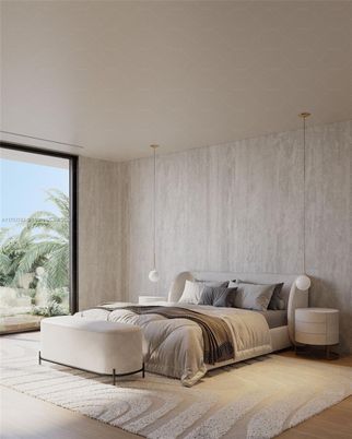 Bedroom, Interior, Pendant Lights, Wood Texture Flooring