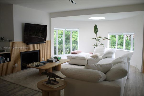 Fireplace, Interior, Living room, Recessed Lighting, Wood Texture Flooring