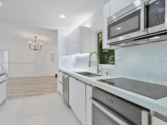Chandelier, Interior, Kitchen, Recessed Lighting, Stainless Steel Appliances, Wood Texture Flooring