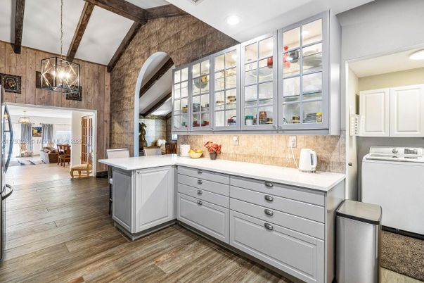 Interior, Kitchen, Pendant Lights, Recessed Lighting, Wooden Beams, Wood Texture Flooring