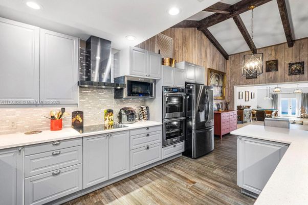 Interior, Kitchen, Pendant Lights, Recessed Lighting, Stainless Steel Appliances, Wooden Beams, Wood Texture Flooring