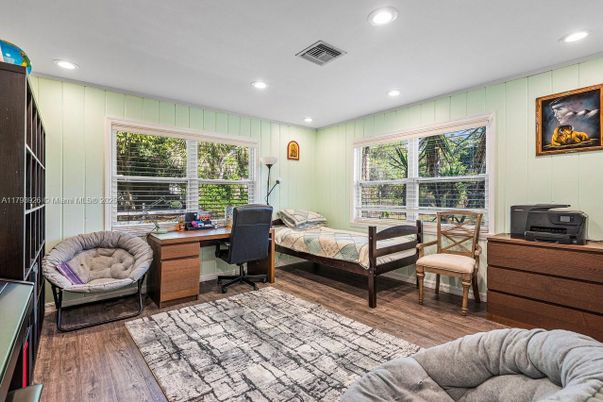 Bedroom, Home Office, Interior, Recessed Lighting, Wood Texture Flooring