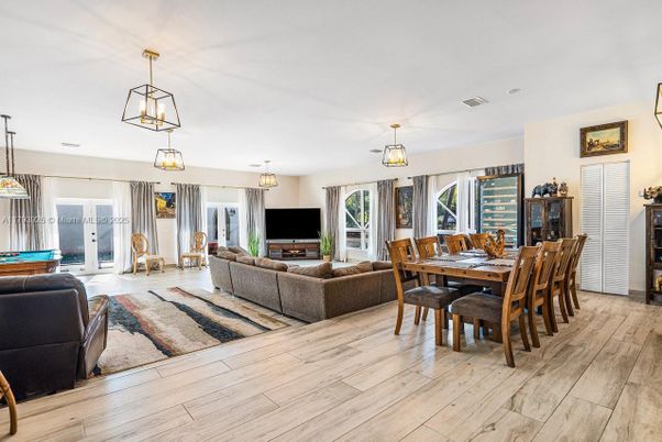 Dining room, Interior, Living room, Pendant Lights, Wood Texture Flooring